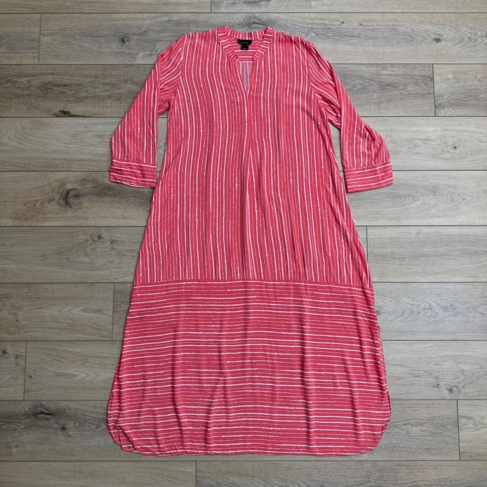 Natori Coral Pink Striped 3/4 Sleeve Kaftan Dress Lounger Coverup Pockets